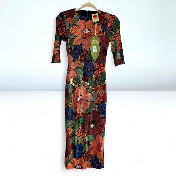 FARM Rio Black Stitched Flowers Lenzing Ecovero Viscose Midi Dress NWT - Picture 2 of 6